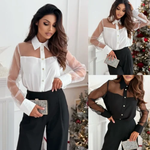Shirt Top Women Sheer Patchwork Turn Down Collar Single Breasted Full Sleeve Blouses Tops Autumn 2025 Office Lady Overshirt