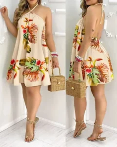 Backless Halter Neck Dress with Tropical Print for Women - Orange, M
