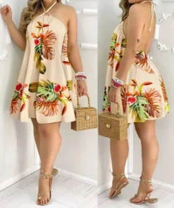 Tropical Print Backless Halter Neck Dress for Women