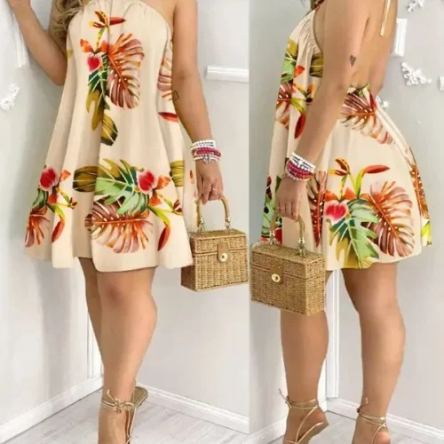 Tropical Print Backless Halter Neck Dress for Women