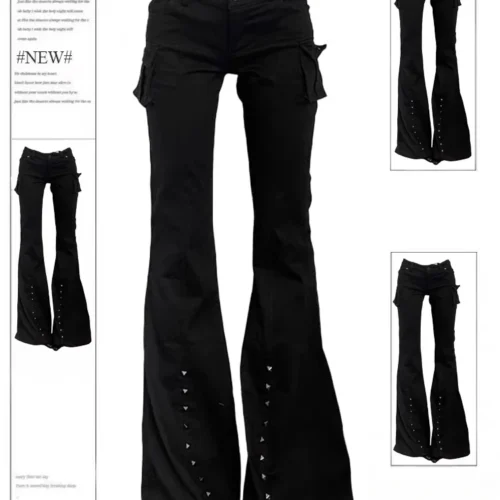 High Street Women's Black Flared Jeans - High Waist Vintage Slim Fit 2000s Style