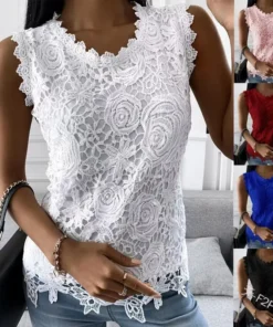 Vest Top Woman Sleeveless Tank Tops Lace Floral Blouse Round Collar Waistcoat Female Spring Summer Office Lady Sexy Camisole