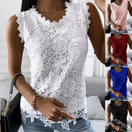 Vest Top Woman Sleeveless Tank Tops Lace Floral Blouse Round Collar Waistcoat Female Spring Summer Office Lady Sexy Camisole