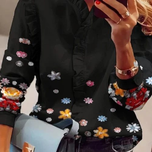 Alternative view of Elegant Women's Blouses Autumn Fashion Ruffle Patch Printed Shirt O-Neck Long Sleeve Slimming Top Office Commuter Women's Shirts
