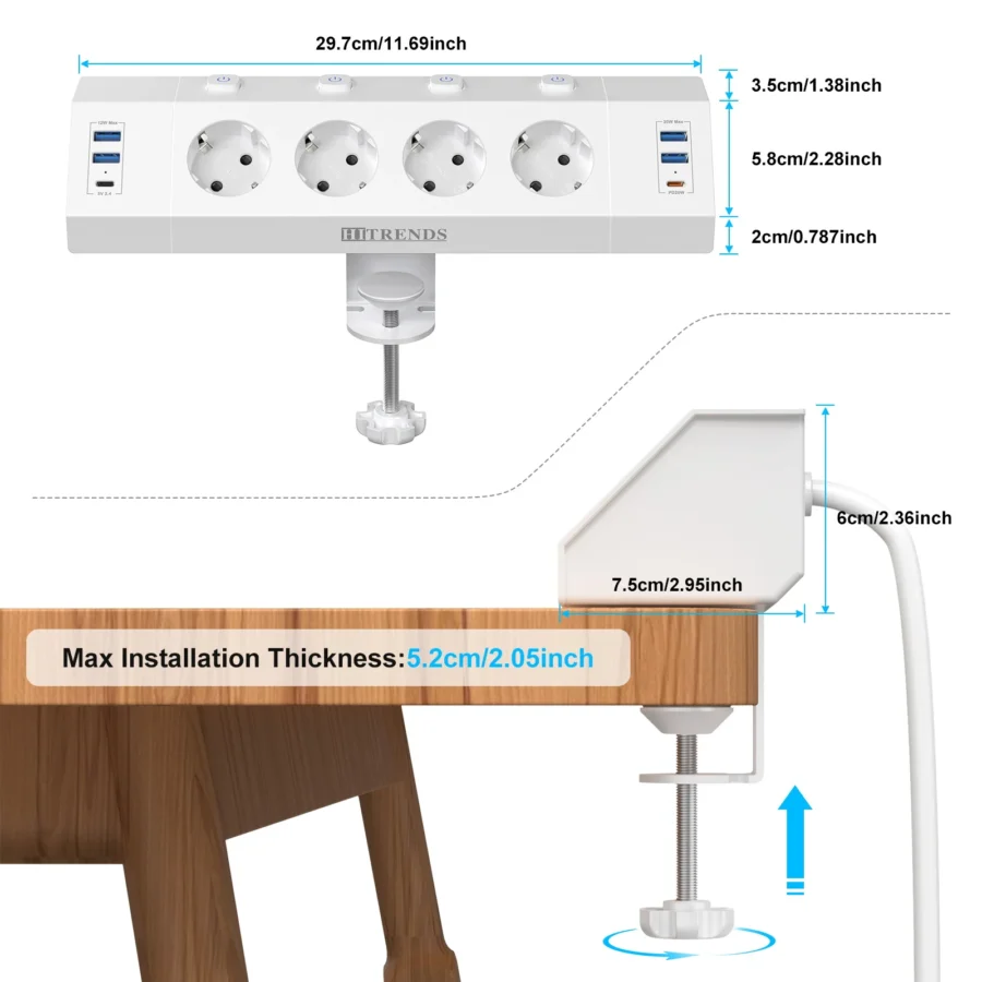 Eu Multi-plug power strip with desktop clamping device pull ring plug 4 USB-A and 2 USB-C ports single-control switch 2 m cable - Image 5