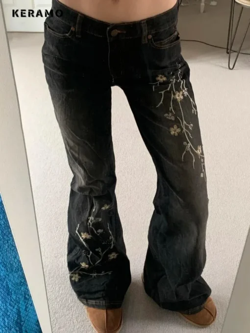 Flared Jeans with Floral Embroidery for Women in Low Rise Design - Image 3