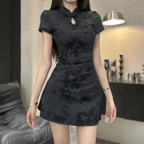 Vintage Chinese Print Cheongsam Dress for Women - Slim Fit, Summer Style