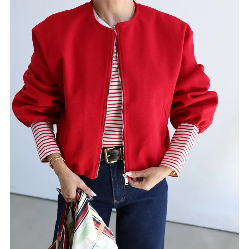 MUJER Women's Soft Red Cropped Bomber Jacket with Zipper - Long Sleeve Sports Outerwear - Image 6