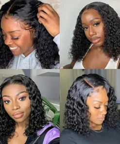 European And American Style 'S Middle Part Small Bob Lace Wig Black For Women Deep Water Curly Wave Human H