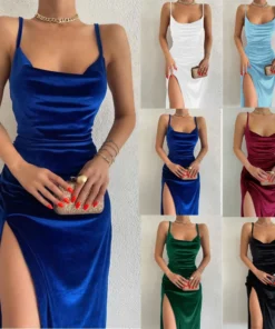 Velvet Swing Collar Sleeveless Slip Sexy Slit Maxi Dress 2024 New Fashion Evening Party Women Elegant Streetwear Y2K
