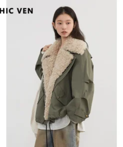 CHIC VEN Women's Retro Motorcycle Jacket - Loose Casual Cotton Overcoat, Warm for Autumn/Winter