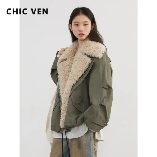 CHIC VEN Women's Retro Motorcycle Jacket - Loose Casual Cotton Overcoat, Warm for Autumn/Winter