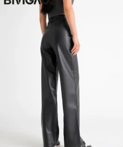 Alternative view of BIVIGAOS Fall Winter Fleece Loose Wide Leg Warm Leather Pants Women Button Pocket High Waist Thick PU Casual Straight Pants
