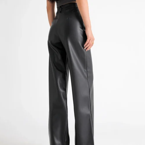 Alternative view of BIVIGAOS Fall Winter Fleece Loose Wide Leg Warm Leather Pants Women Button Pocket High Waist Thick PU Casual Straight Pants