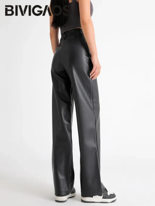 Fleece Wide Leg Warm Leather Pants with Button Pocket for Women in High Waist Design - Image 2