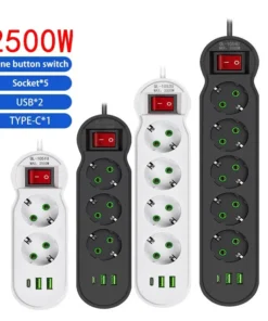 EU Plug Power Strip 2/3/4/5 Outlet Multitap Extension 10A with 2 USB 1 Type-C Ports 2m Cord Electrical Socket 2500W