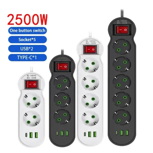EU Plug Power Strip 2/3/4/5 Outlet Multitap Extension 10A with 2 USB 1 Type-C Ports 2m Cord Electrical Socket 2500W