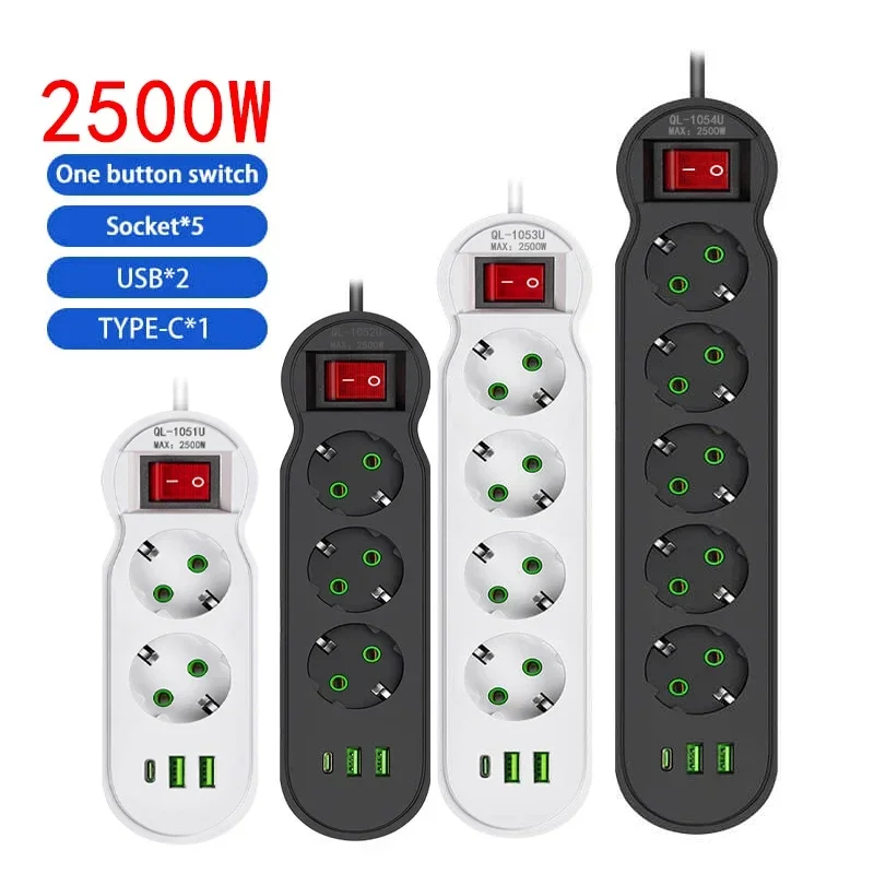 EU Plug Power Strip 2/3/4/5 Outlet Multitap Extension 10A with 2 USB 1 Type-C Ports 2m Cord Electrical Socket 2500W