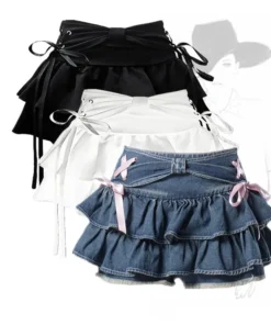 Women’s Vintage Kawaii Denim Mini Skirt with Bow - A-line Summer Fashion