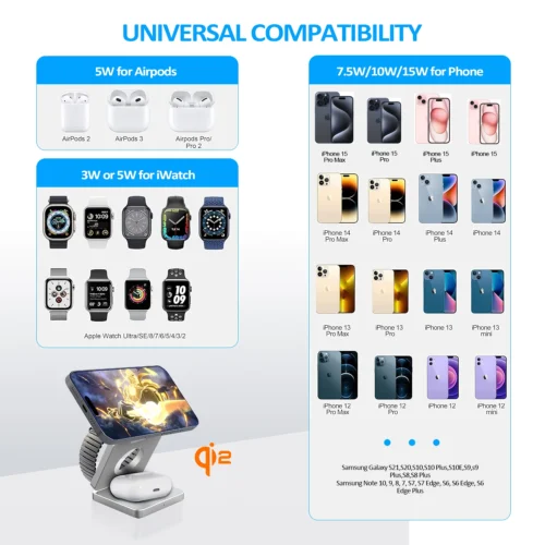 Alternative view of Qi2/Qi1 3 in 1 15W Magnetic Wireless Charger for Iphone 17 16 15 Fast Charging Folding for Apple Watch Airpods Wireless Charger