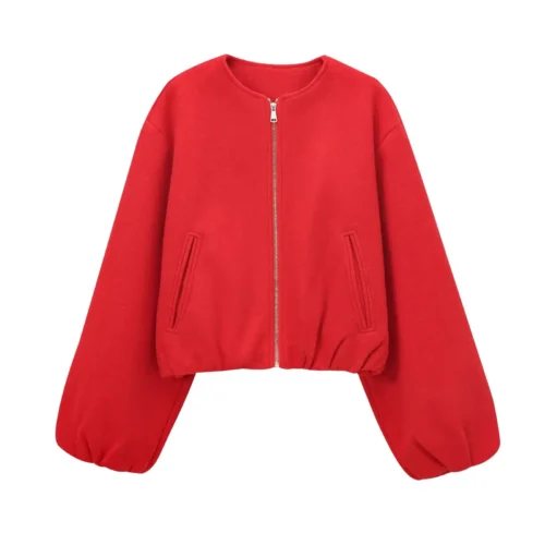 Alternative view of MUJER Women's Soft Red Cropped Bomber Jacket with Zipper - Long Sleeve Sports Outerwear