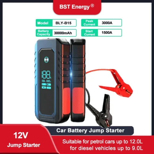 Portable Car Jump Starter 3000A Peak 2000A 1600A 1000A 12V with PD140W USB Lights - Powerful Battery Pack for Vehicle Starting