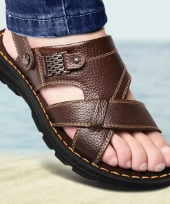 Genuine Leather Men’s Sandals - Non-slip Outdoor Beach Slippers with Thick Sole