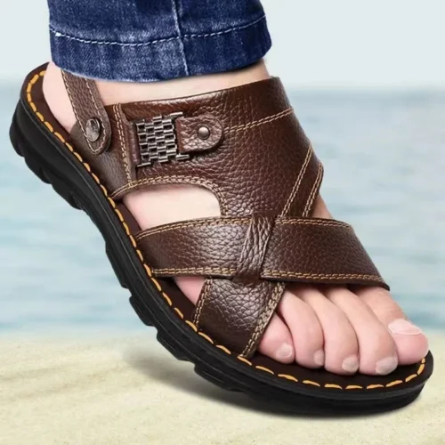 Genuine Leather Men’s Sandals - Non-slip Outdoor Beach Slippers with Thick Sole