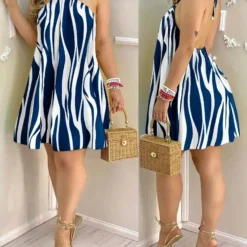Alternative view of Backless Halter Neck Dress with Tropical Print for Women
