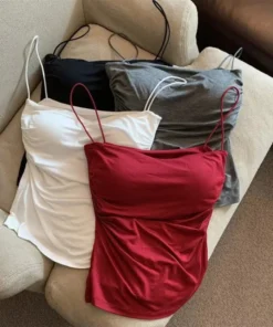 1 Pc Stylish Waist Pleated Corset - Soft support fixed chest pad sleeveless vest Sexy short top with thin straps Solid color