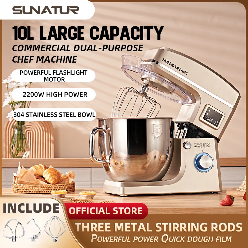 SUNATUR 10L 2200W Stand Mixer - Automatic Dough Kneader and Blender