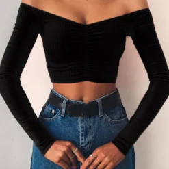 Alternative view of Long Sleeve Off Shoulder T-Shirt with Solid Color for Women in Autumn Fashion