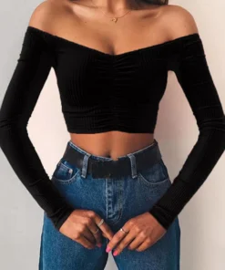 Alternative view of Women T-shirts sexy and club fashion female T-shirt long sleeve off shoulder solid color lady Tshirt autumn basic tees