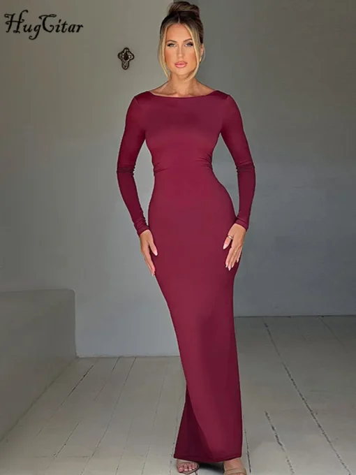 Bodycon Maxi Dress with Long Sleeves and Backless Design for Women at Evening Parties - Image 4
