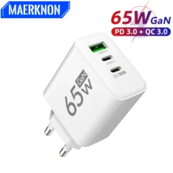 PD 65W USB-C GaN Charger with Quick Charge 3.0 and Three Ports for Multiple Devices