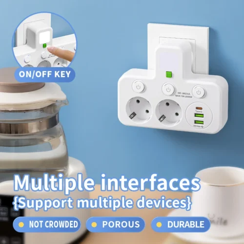 Alternative view of EU Plug Outlet 4 Sockets Multitap Wall Power Strip Electrical Socket 2 USB 1 Type-C Ports No Extension Cord with 2500W MAX Power