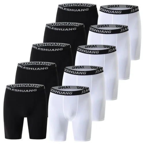 1/5 Pcs Men's Plus Size Black And White Long Sports Underwear Running Fitness Basketball Football Elastic Waist Shorts Teenagers
