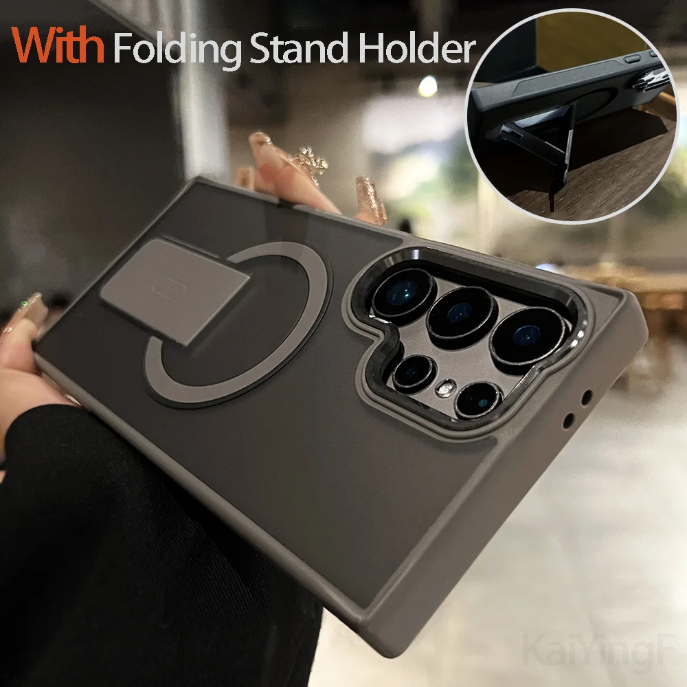 Luxury Magnetic Wireless Charger with Folding Stand for Samsung Galaxy S25 S23 Ultra S24 Plus FE Matte Case