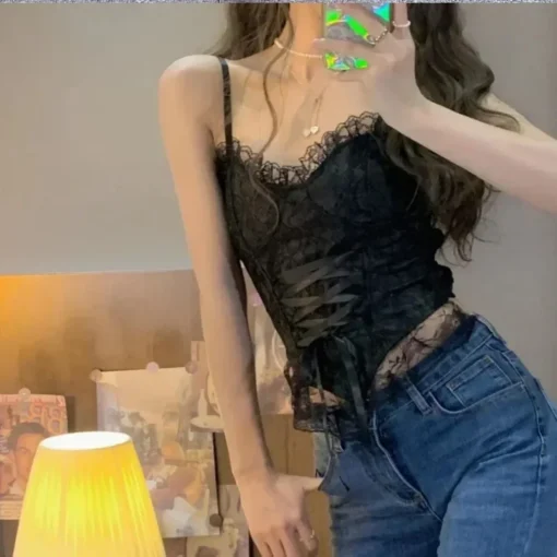 Crop Tops with Corset Lace Bandage Design for Women, Fashionable Sleeveless Camisole and Tank Top - Image 2