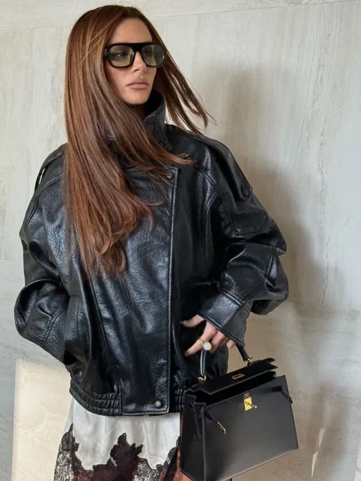 Faux Leather Jacket with Zipper Closure - Casual Long Sleeve Style for Women - Image 3