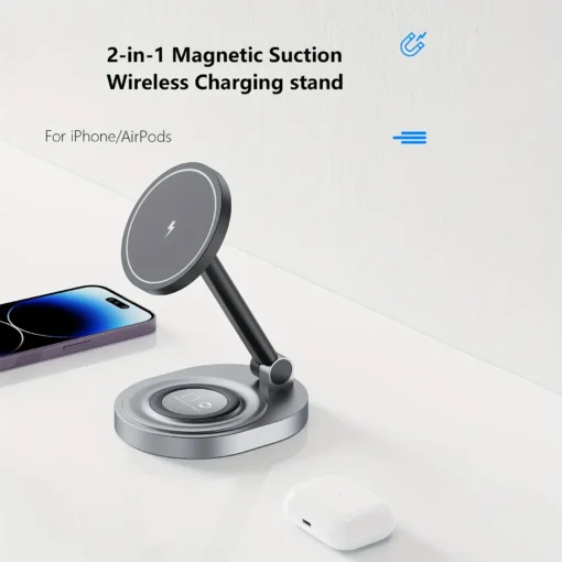 3-in-1 Magnetic Wireless Charging Stand with MagSafe for iPhone, Apple Watch, and AirPods - Image 2