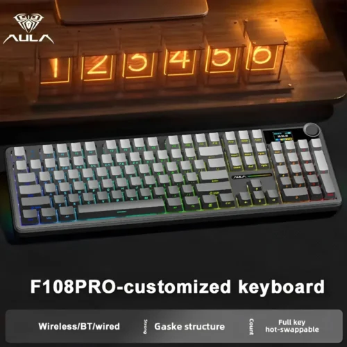 Alternative view of AULA F108 Pro Gaming Mechanical Keyboard Tri Mode Custom Multi-Knob Screen RGB Esports Wireless Keyboard with TFT Smart Display