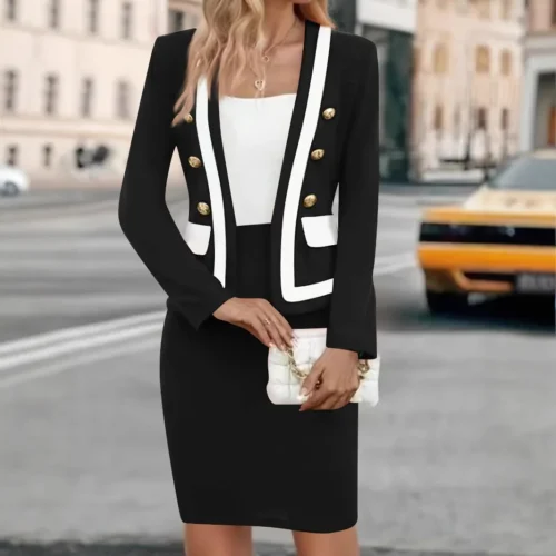 Alternative view of Women 2pcs Clothes Set Office Lady Smart Button Long Sleeve Blazer Jacket & High Waist Skirt Slim