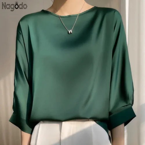 2025 New In Summer Satin Silk Half-Sleeve Tee Tops Basic Solid Women‘s T-Shirt Casual O-neck Thin Shirts Ladies Loose Blouses