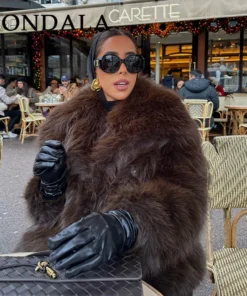 KONDALA Women's Brown Faux Fur Oversized Jacket with Turn-Down Collar