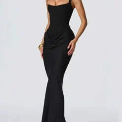 Sleeveless Solid Pleated Sling Dress with Square Neck and Waist Cinching for Women