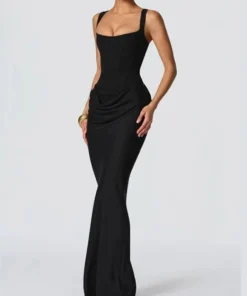 Solid Pleated Sling Dress Women Square Neck Sleeveless Off-shoulder Waist Cinching Slim Dresses Lady Evening Party Gowns 2026