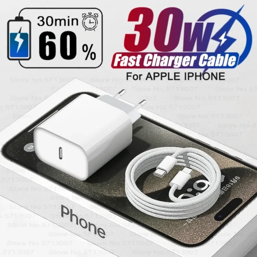 30W Fast Charger for iPhone with Charging Cable - PD Compatible