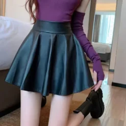 Alternative view of High Waist Faux Leather Mini Skirt for Women - Versatile Skater Style Design