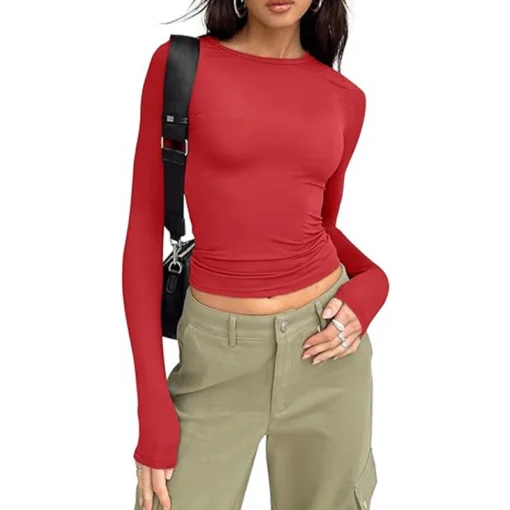 Long Sleeve Crew Neck T-shirt with Solid Color and Slim Fit for Women - Image 4